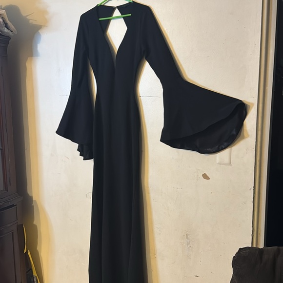 Symphony large black backless spandex nylon flared long sleeves back slit - Picture 3 of 11